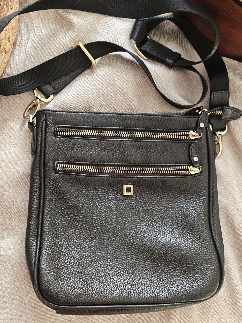 Lodis Leather Crossbody Bag with Gold Zippers - Black